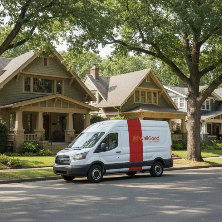 WallGood work van parked on a tree-lined street of craftsman homes